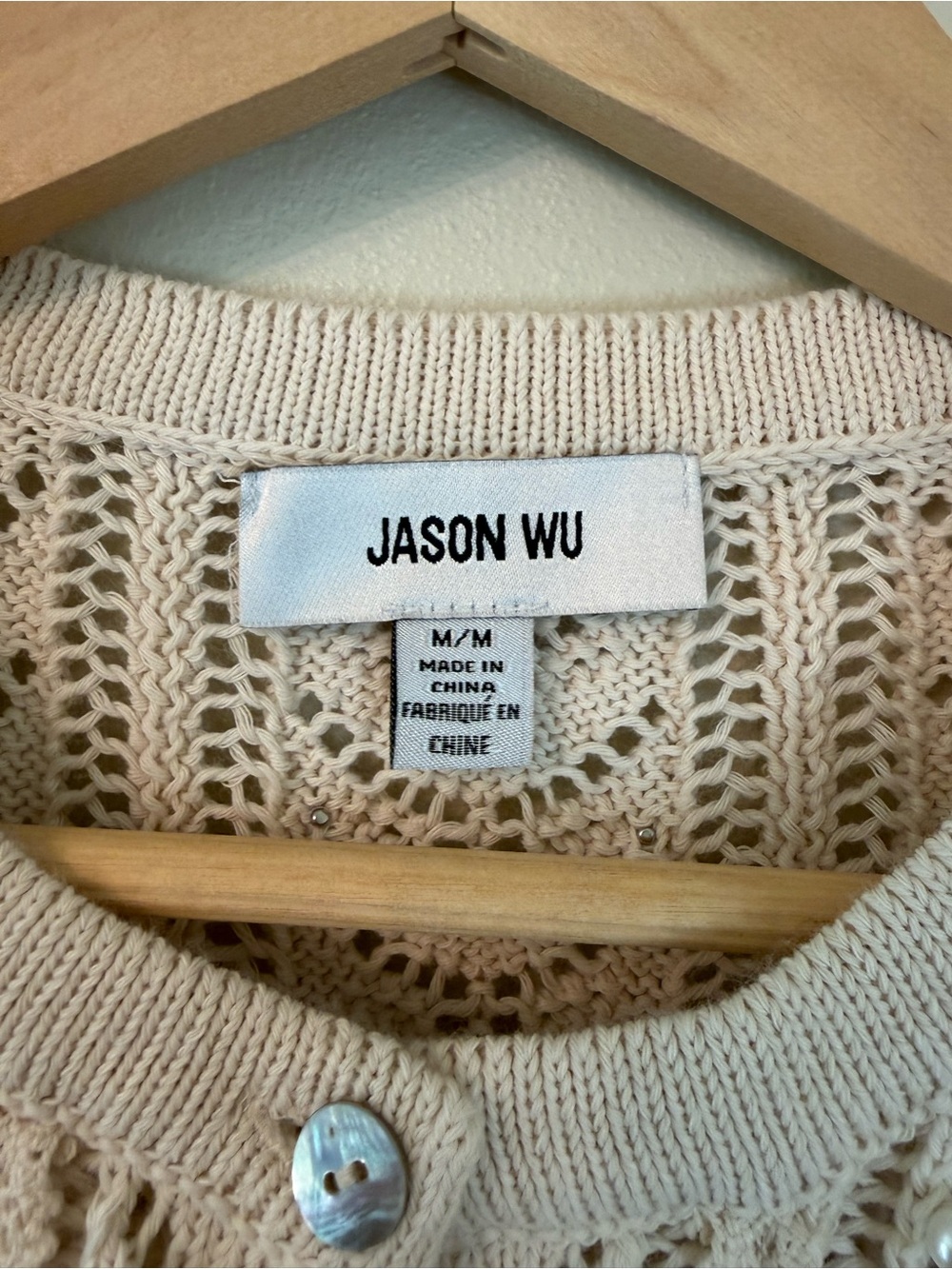 Jason Wu Pearl Pointelle Lace Cardigan Sweater Beige Scallop Short Sleeve M - Picture 3 of 9